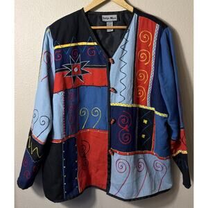 Indigo Moon Women’s Blue Blazer/Jacket Cotton Blend Embroidered Colorful Size 1X